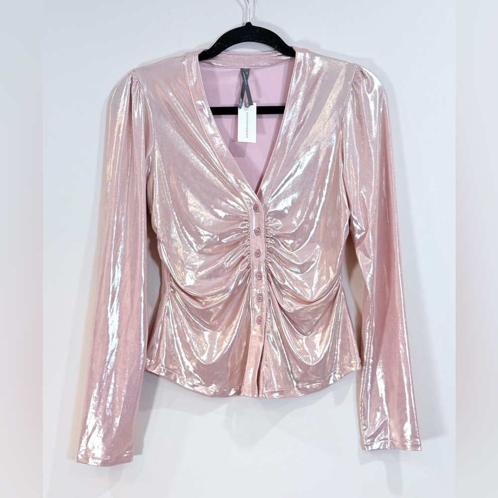 🔥NWT Anthropologie Shimmery Pink Ruched V-Neck Button Front Top Size S 🔥